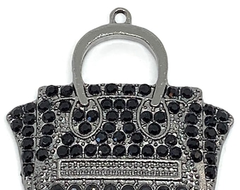 1 gunmetal & black rhinestones ladies handbag charm - purse charm - pocketbook