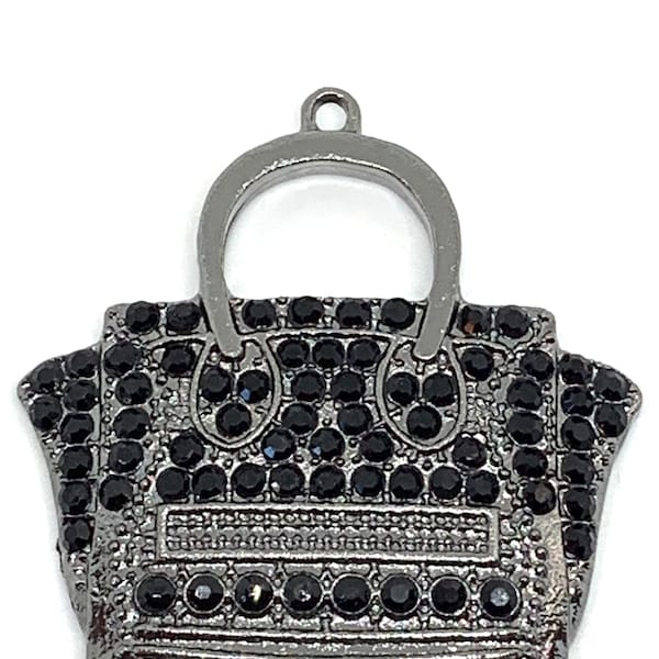 1 gunmetal & black rhinestones ladies handbag charm - purse charm - pocketbook