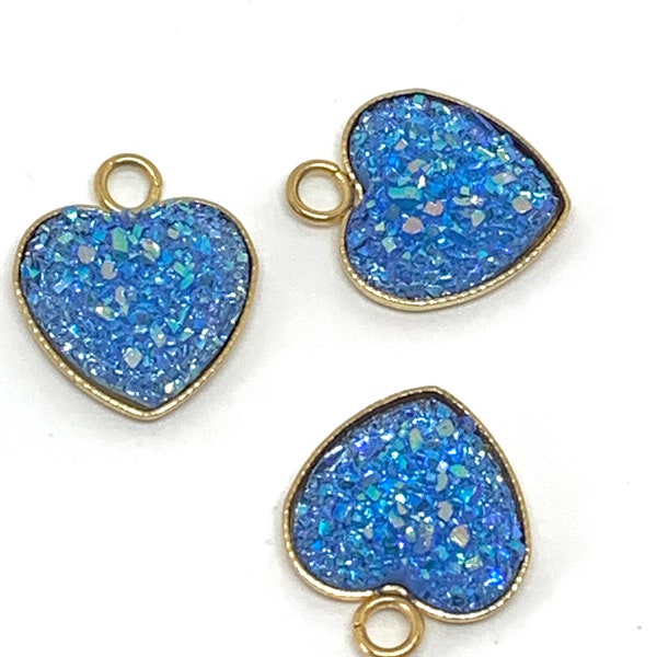 3 blue glitter resin druzy style gold plated heart charms - iridescent accents