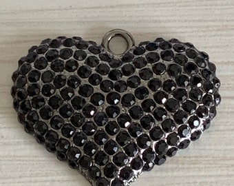 1 large black rhinestones - gunmetal setting heart charm - pendant