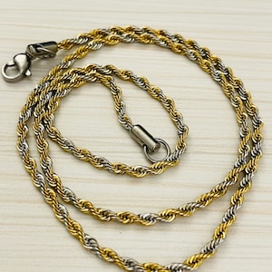 18” twisted stainless steel two tone rope chain - lobster clasp closure