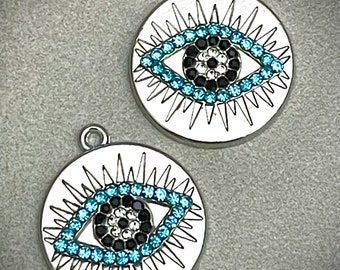 Set of 2 shiny silver round evil eye charms - rhinestone eye