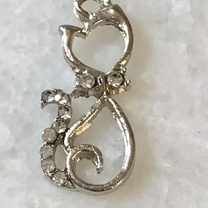 3 silver cat charms - open design - rhinestone tail & collar - heart shaped head