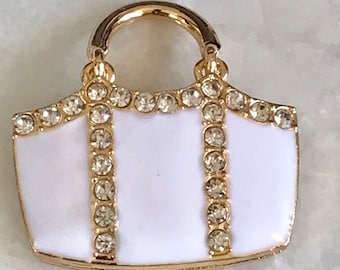 White enamel and rhinestones large handbag pendant - shiny - pocketbook - purse
