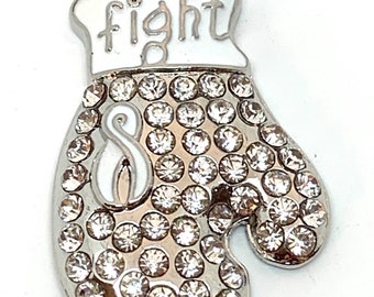 1 clear rhinestones, white enamel with silver accents white ribbon Fight boxing glove charm