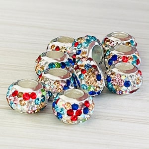 10 multicolored rhinestone rondelles - spacers - beads - silver tone finish