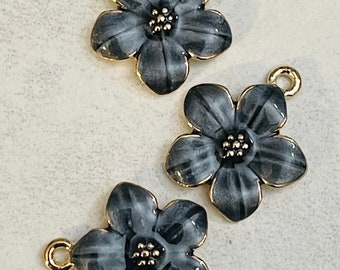 3 dainty black enamel and gold tone flower charms - pearlized shiny petals - gold center