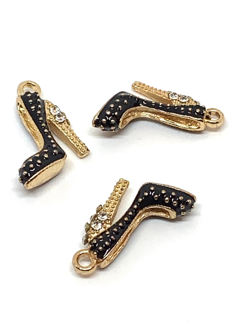 3 Black Enamel Gold & Rhinestone 3D High Heel Shoe Charms Etsy