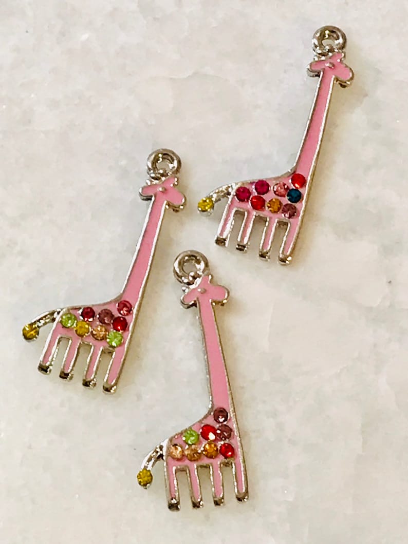 3 pink enamel and multi-colored rhinestones giraffe charms silver tone