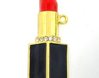 1 large black & red enamel lipstick charm - pendant - rhinestones - gold finish