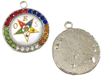 1 IMPERFECT round OES - Order of the Eastern Star charm - pendant - silver tone - multicolored rhinestones