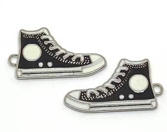2 black and white enamel hi-top sneaker charms - silver finish - silver accents