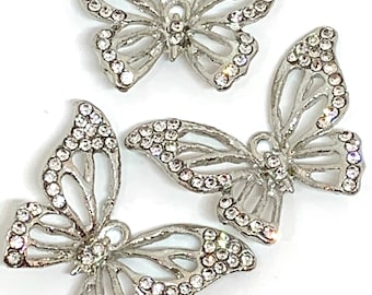 3 butterfly charms - rhinestones - beautiful open design - silver