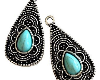 2 Antique Black & Silver Color Tear Drop Carved Pattern Charms With Resin Cabochons - Imitation Turquoise