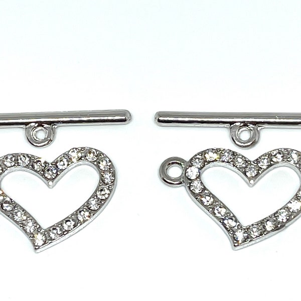 2 sets of rhinestone heart shaped toggle clasps - silver tone