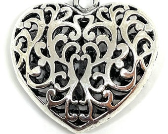 1  extra large 3D antique silver tone open heart pendant - hollow filigree swirl design - statement piece