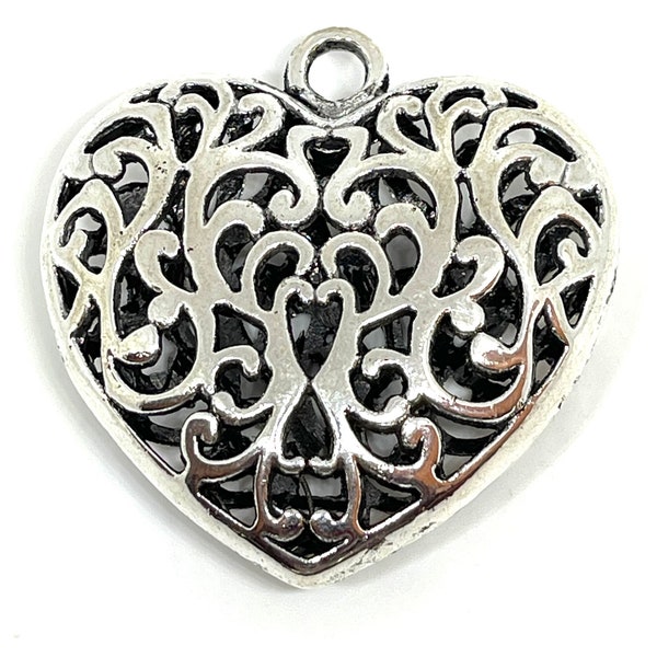 1  extra large 3D antique silver tone open heart pendant - hollow filigree swirl design - statement piece