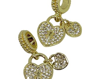 1 gold CZ micro pave double heart lock charms - smaller size