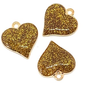 3 shiny golden color glitter heart charms - gold tone