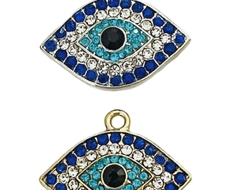 1 rhinestone evil eye charm- gold or silver - shades of blue rhinestones - clear rhinestones - eye with black crystal center