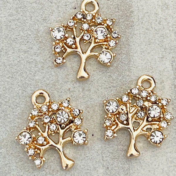 3 rhinestone gold plated small tree charms - pendant