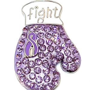 May include: Purple boxing glove charm with rhinestones and a purple ribbon with the word "fight" on the top.