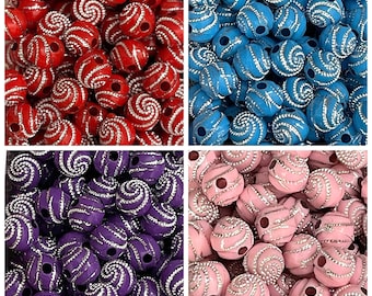 Set of 20 round acrylic beads - 8mm silver metal enlaced spacer beads - choice of 4 colors