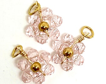 3 dainty transparent light pink glass daisy flower charms - gold plated