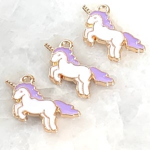 3 small white enamel & lavender unicorn charms - children