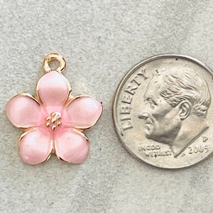 3 dainty pink enamel and gold tone flower charms pearlized shiny petals gold center image 3