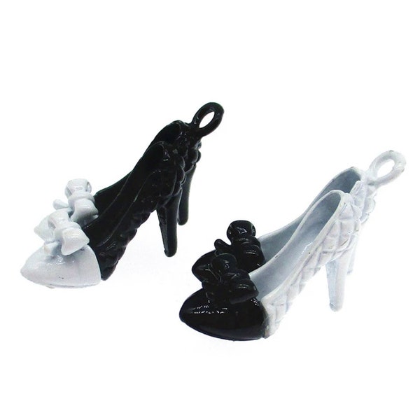 3 black w/white or white w/black 2 tone enamel metal 3D high heel double shoe charms - pumps - bow design