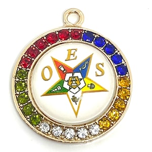 1 round OES gold tone finish Order of the Eastern Star charm pendant multicolored rhinestones image 1