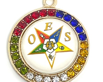 1 round OES gold tone finish Order of the Eastern Star charm - pendant - multicolored rhinestones