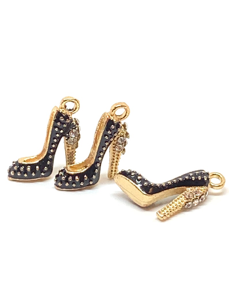 3 Black Enamel Gold & Rhinestone 3D High Heel Shoe Charms Etsy