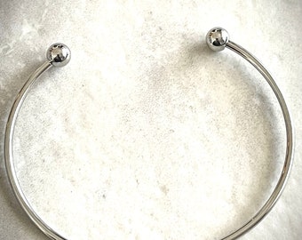 Open stainless steel silver tone cuff style bangle bracelet - double ball - 2mm