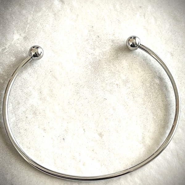 Open stainless steel silver tone cuff style bangle bracelet - double ball - 2mm