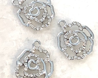 3 rhinestone flower charms - silver color rose charms - open design