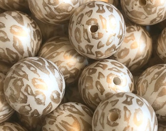 Set of 10 - 20mm gold cheetah print chunky bubblegum acrylic round beads