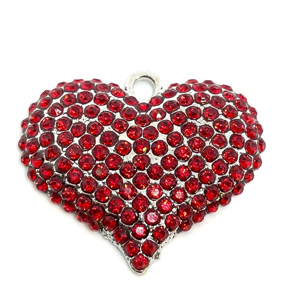 1 large red rhinestones on silver tone finish heart charm - pendant