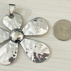 1 extra large silver flower pendant daisy antique style hammered design image 3
