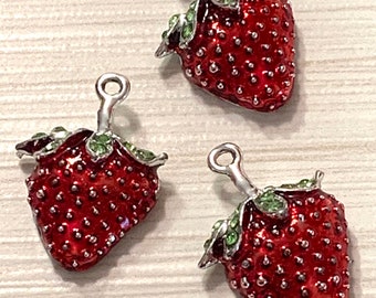 3 shiny deep red drop oil enamel strawberry charms - green rhinestone top - silver tone