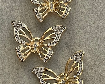 3 butterfly charms - rhinestones - beautiful open design - gold tone