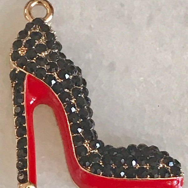 1 Gorgeous black mostly rhinestones high heeled stiletto shoe charm - pendant - gold tone