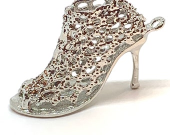 Large 3D high heel - open fishnet design - silver tone metal - stiletto - purse charm - key chain - luggage tag