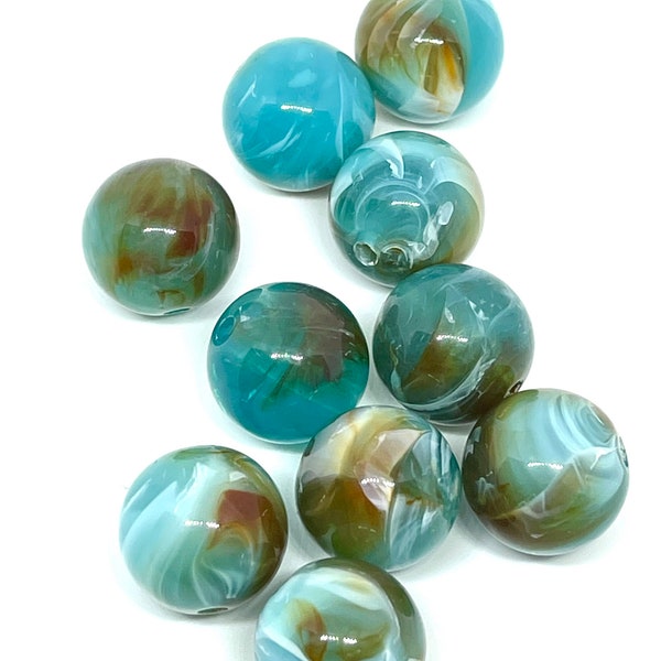 Set of 10 - 15mm shiny cloud type pattern design light blue, light green and camel colored round beads - 2mm hole
