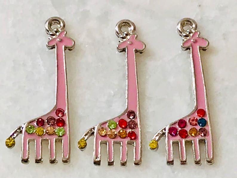 3 pink enamel and multi-colored rhinestones giraffe charms silver tone