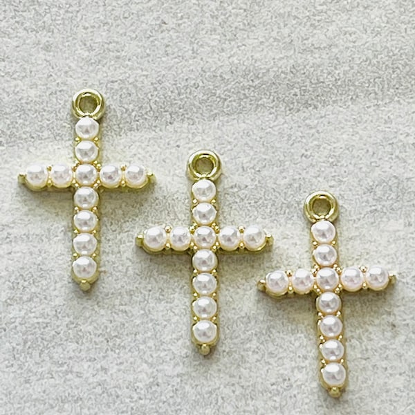 3 small pearl cross charms - gold tone - rosary - religious - child