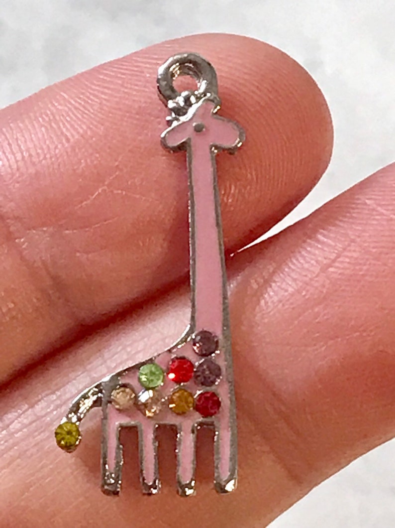 3 pink enamel and multi-colored rhinestones giraffe charms silver tone
