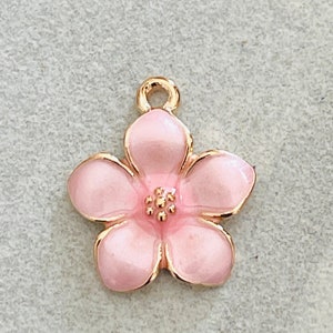 3 dainty pink enamel and gold tone flower charms pearlized shiny petals gold center image 2