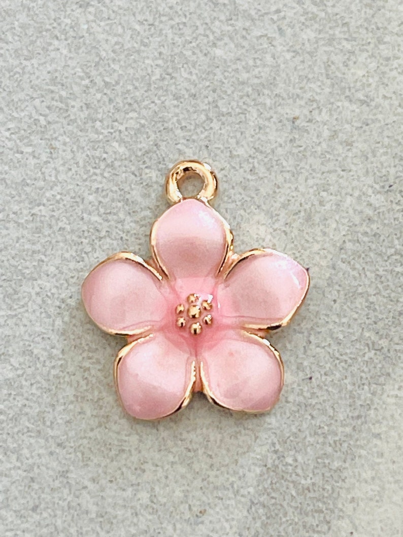 3 dainty pink enamel and gold tone flower charms pearlized shiny petals gold center image 2